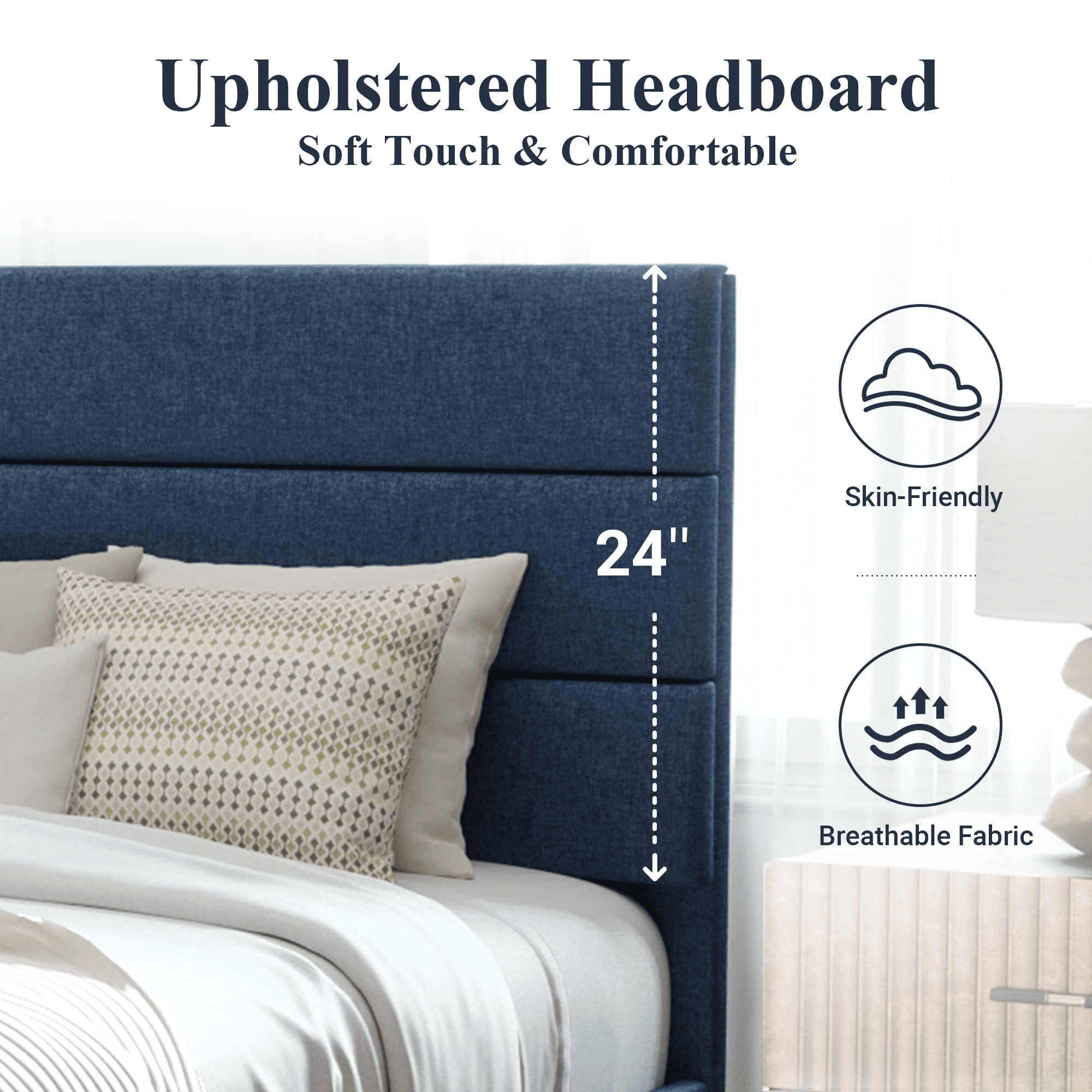 Allewie Queen Size Platform Bed Frame with Fabric Upholstered Headboard, No Box Spring Needed, Navy Blue  (图4)
