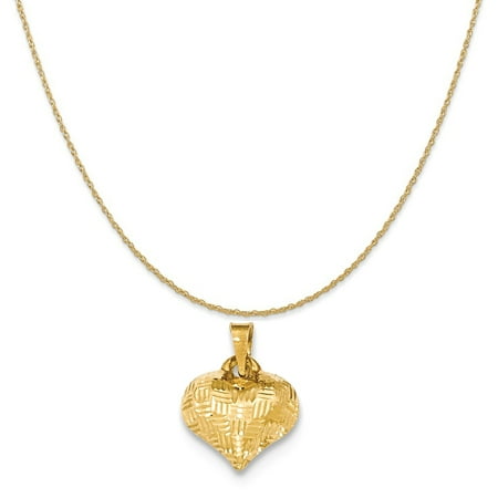 14k Yellow Gold Textured Puff Heart Pendant on a 14K Yellow Gold Rope Chain Necklace, 18"