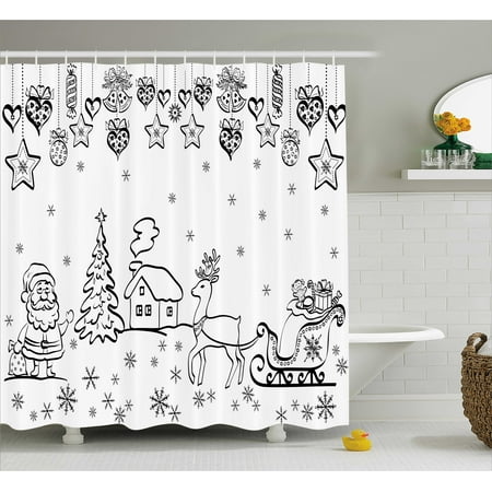 - Christmas Decorations Shower Curtain, Tree Ornaments Santa Sleigh Rudolph Reindeer Toys Jingle Bells Image, Fabric Bathroom Set with Hooks, 69W X 70L Inches, Black White, by Ambesonne