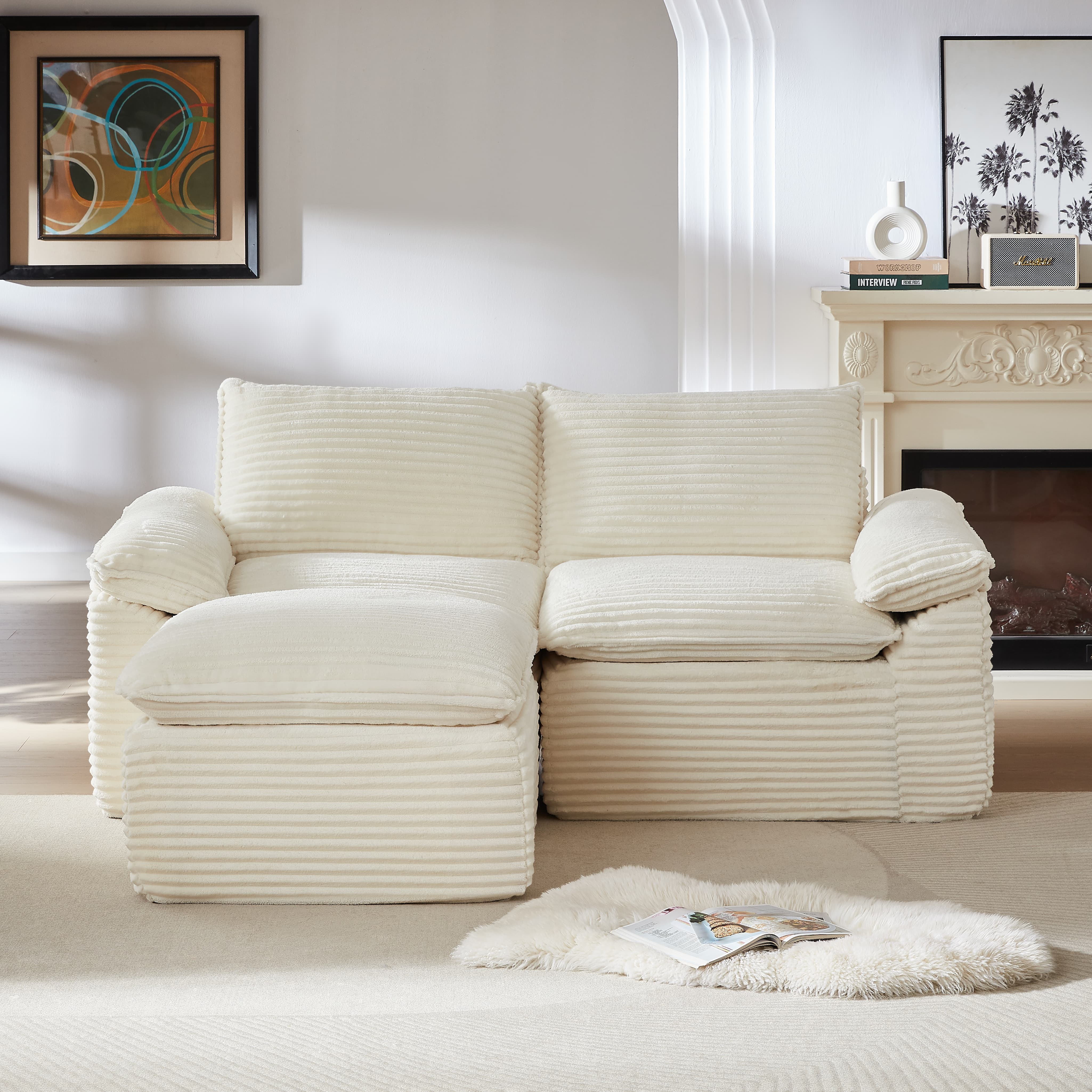 MAYEERTY Modern Modular Corduroy Sofa, White Cloud-Soft Sectional Couch for Apartment