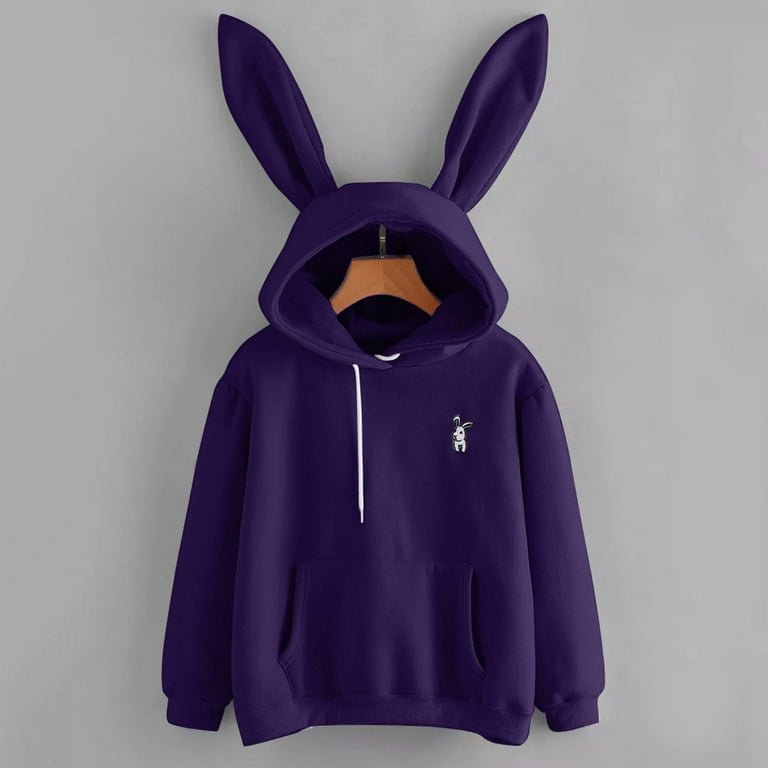 Herrnalise Women s Rabbit Ear Hoodie Solid Color Bunny Ear Long Sleeves Cute Embroidery Pullover Sweatshirts Merry Christmas For Purple S