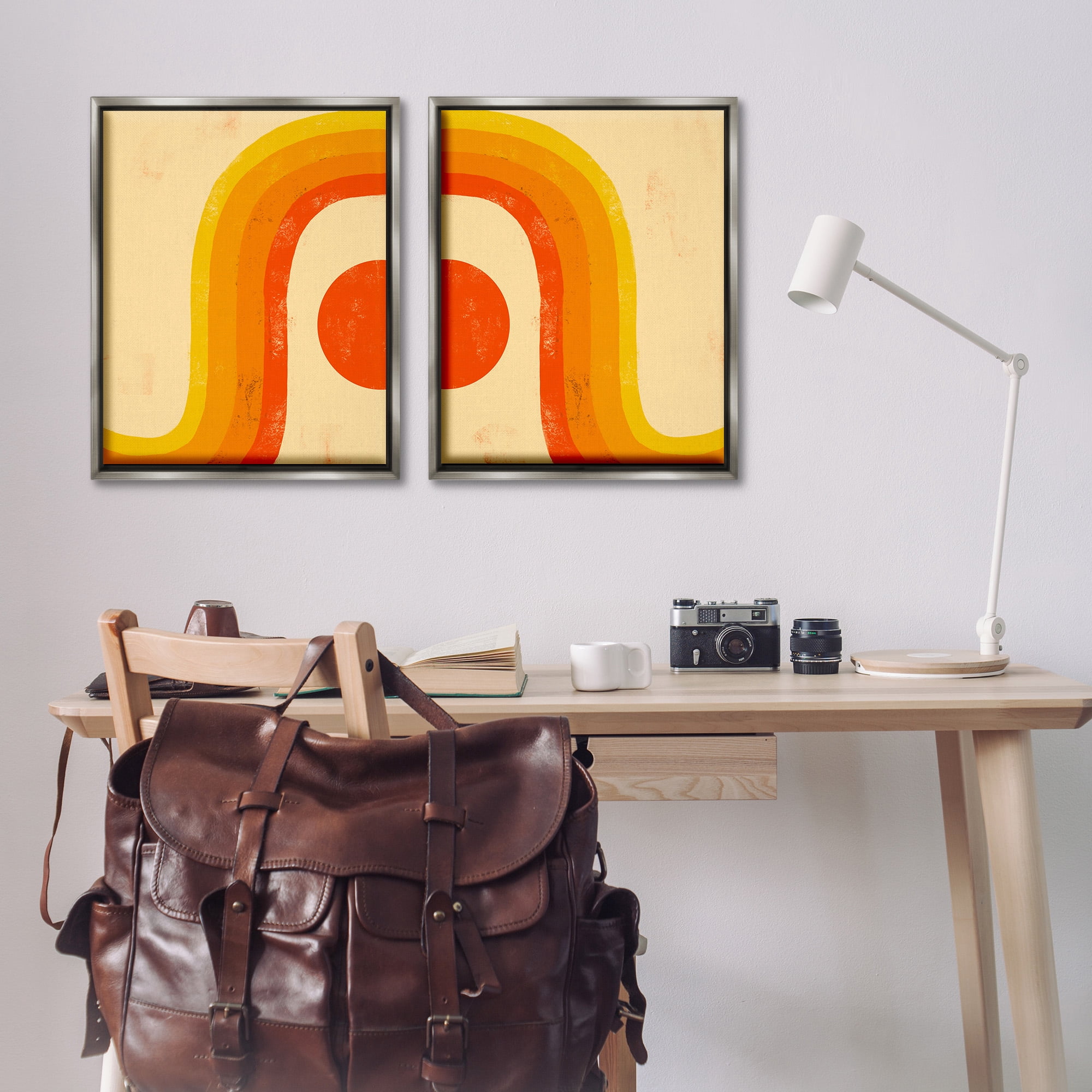 Stupell Industries Sun Setting Under Warm Tone Rainbow Abstract Painting Gray Floater Framed Canvas Art Print Wall Art, 25 x 31, Set of 2