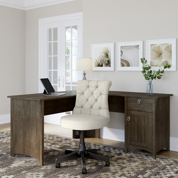 Bush Furniture Salinas 60W L Shaped Desk Set with Mid Back Tufted Office Chair in Ash Brown (Ships in 2 boxes)