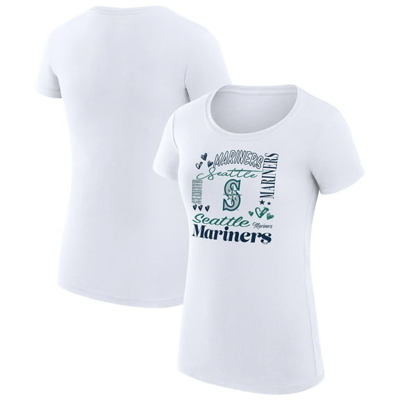 Women's G-III 4Her by Carl Banks White Seattle Mariners Super-Slim Fit Lightweight Collage Team Graphic Crew Neck