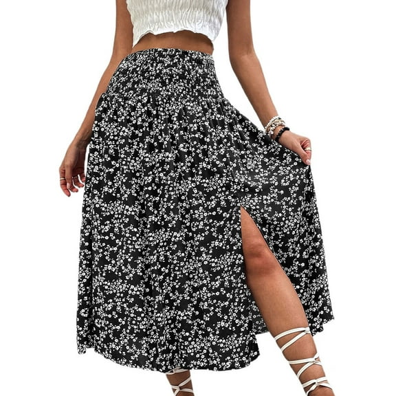 Women'S Print Long Skirts High Waist Split A Line Full Length Maxi Skirt Black S