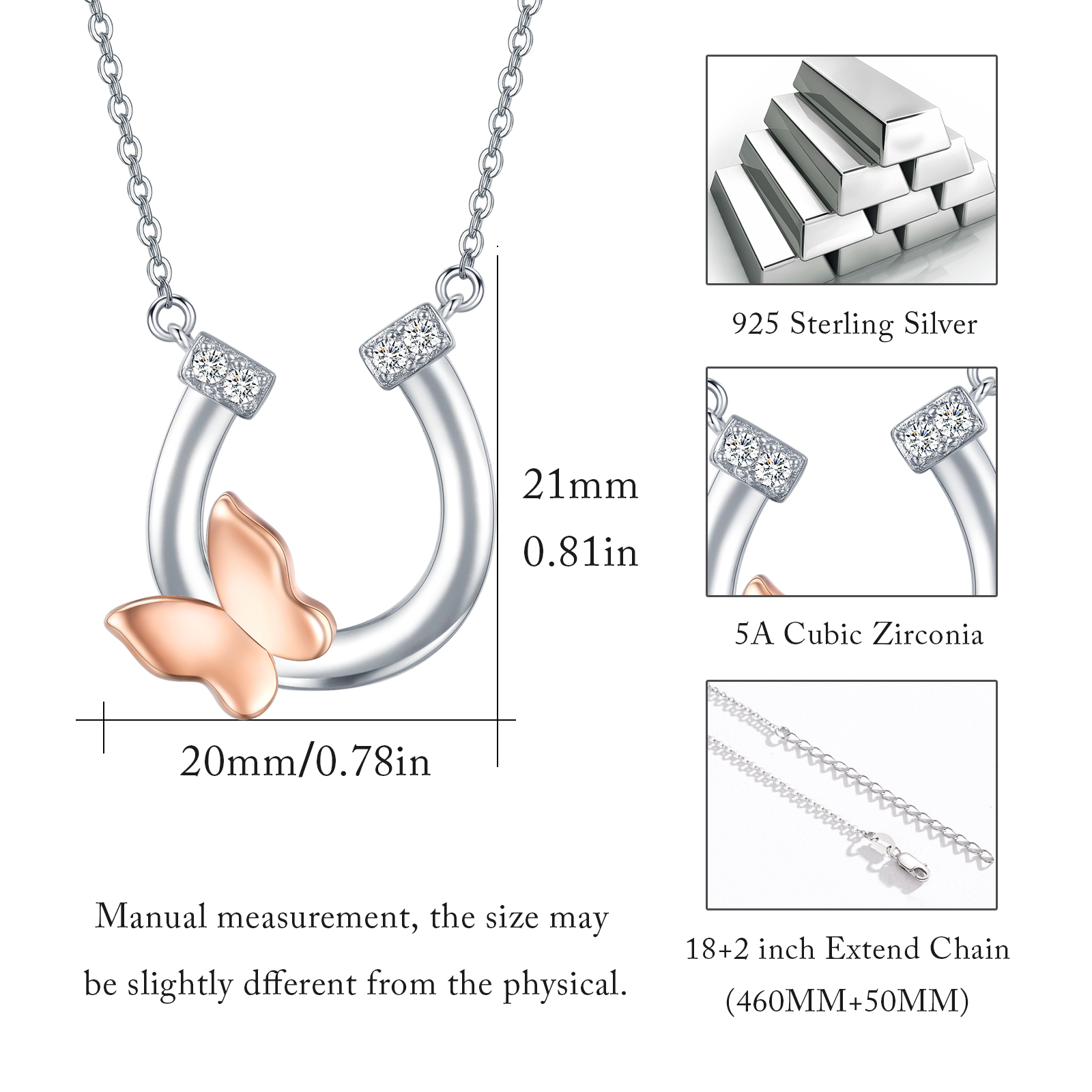 Cuoka Horseshoe Necklace 925 Sterling Silver Butterfly Pendant Necklaces for Women Mom Wife Fashion Jewelry Birthday Christmas Gifts