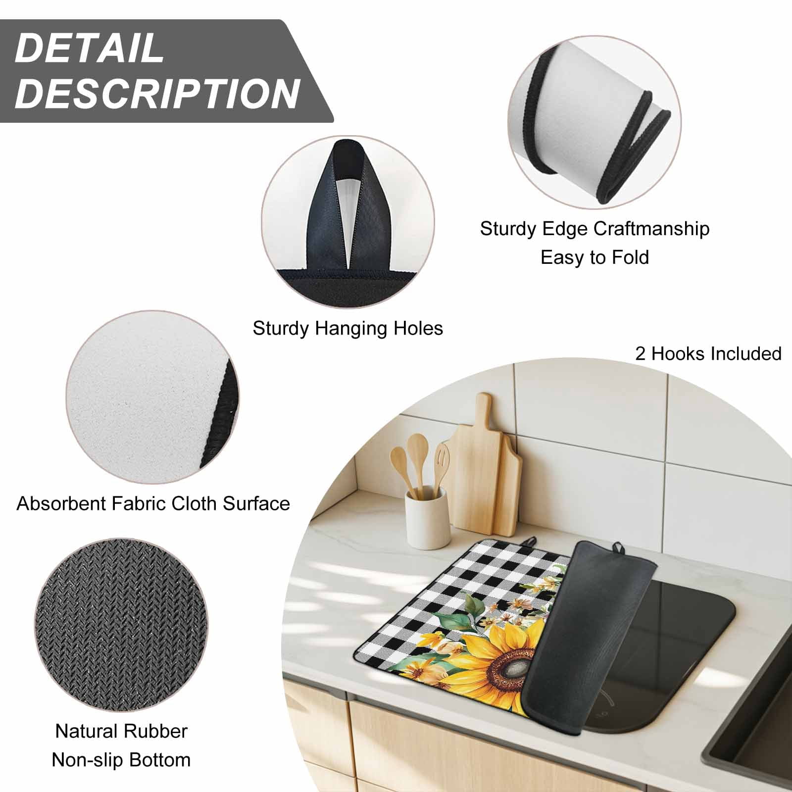 Sunflower Plaid Stove Top Cover for Electric Stove, Heat-proof & Non Slip Glass Top Stove Cover Protector, Black White Checkered Yellow Floral Kitchen Flat Cooktop Rubber Mat 24x21 Inches