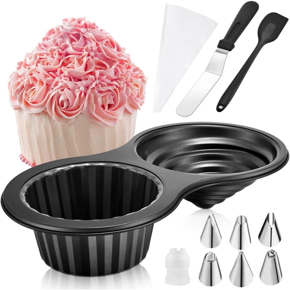 Giant Cupcake Pan 15x 8in set Cake Decorating Supplies KitJumbo Cupcake Cake Mold with Stainless Steel Spatula Silicone Scraper Icing Piping Tips Icing Comb Scraper for Cake Baking Supplies