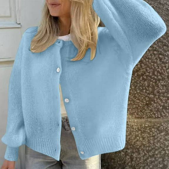 SYMOID Womens Light Blue Acrylic Cardigan - Oversized Balloon Sleeves, Button-Front, Soft Relaxed Fit (S-XL),Size L