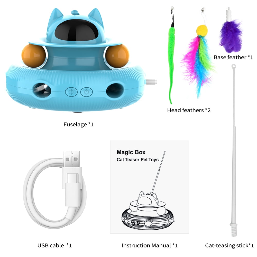 Cornmi 4 in 1 Indoor Interactive Cat Toy with Laser & Retractable Feather Wand, USB Rechargeable, Blue
