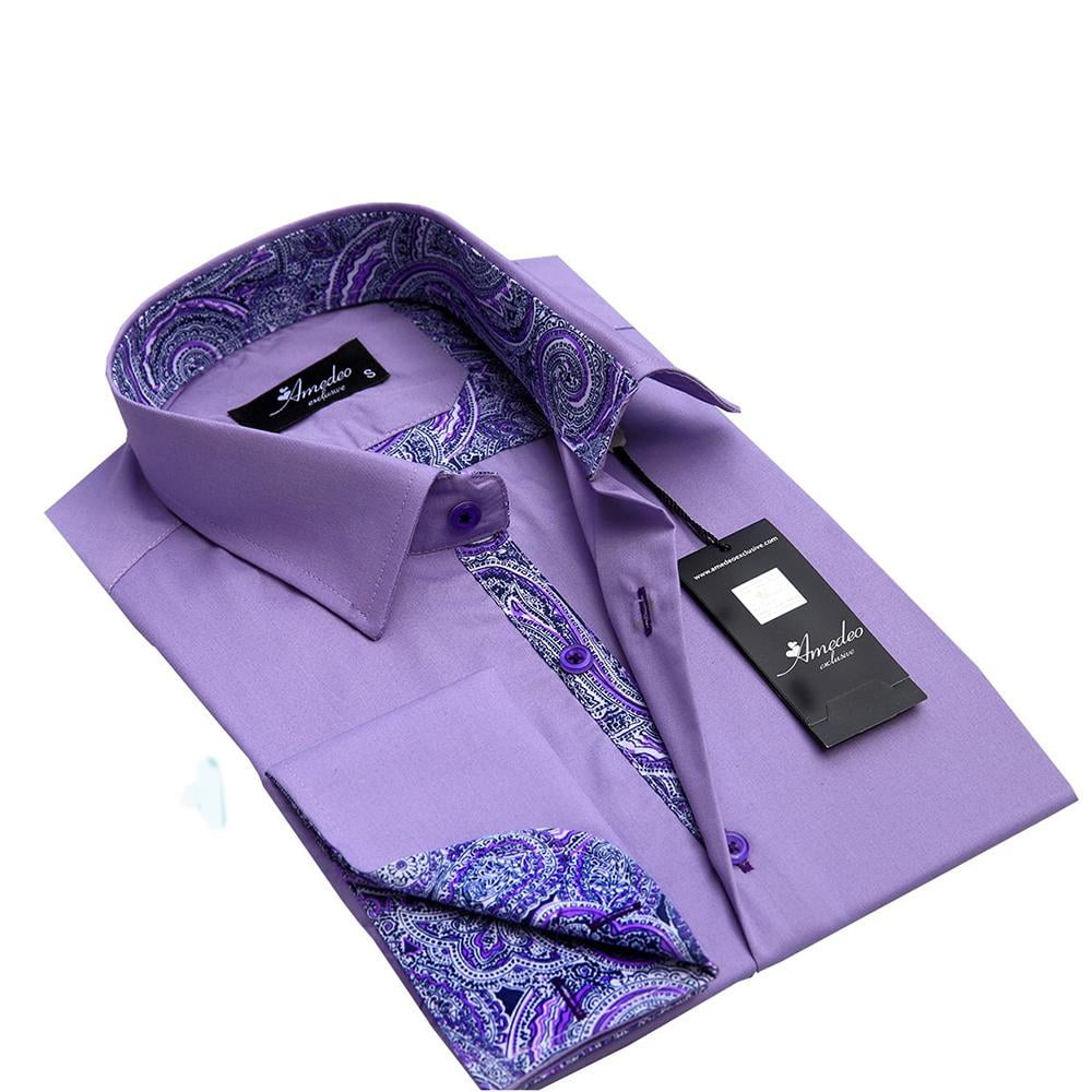 Amedeo Exclusive Light Purple Paisley Mens Slim Fit French Cuff Dress