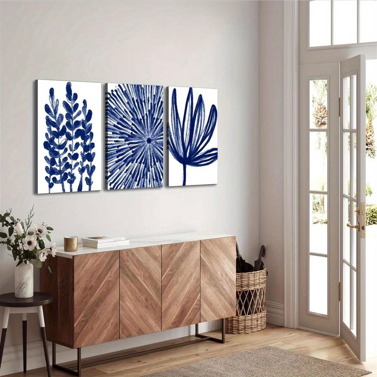 3pcs with frame -Blue floral wall art modern home decor Theme Canvas Wall Art Framed Painting Clearance Sale, 2D Flat, Suitable for Halloween, Christmas, Winter and Summer