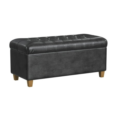 Benjara Bea Storage Ottoman Bench with Tufted Black Faux Leather- 40 Inch