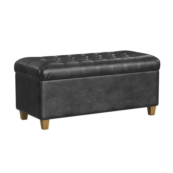 Benjara Bea Storage Ottoman Bench with Tufted Black Faux Leather, 40 Inch