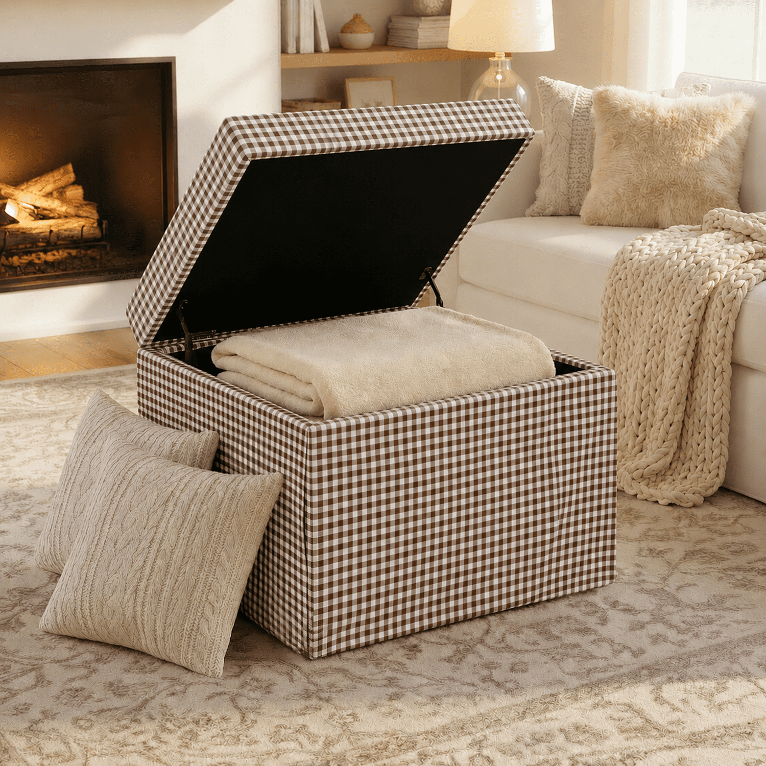 My Texas House Alamo Large Skirted Ottoman, Gingham Fabric