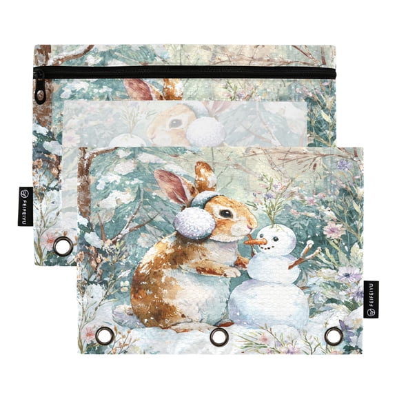 2 Pack 3 Ring Binder Pouch with Clear PVC Window Water Resistant Zipper Pencil Pouch Cute Rabbit Wearing Earmuffs Binder Pocket for Classroom Office Home Stationery Organization