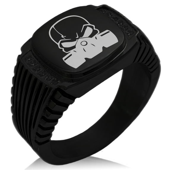 Stainless Steel Biohazard Death Skull CZ Ribbed Needle Stripe Pattern Biker Style Polished Ring