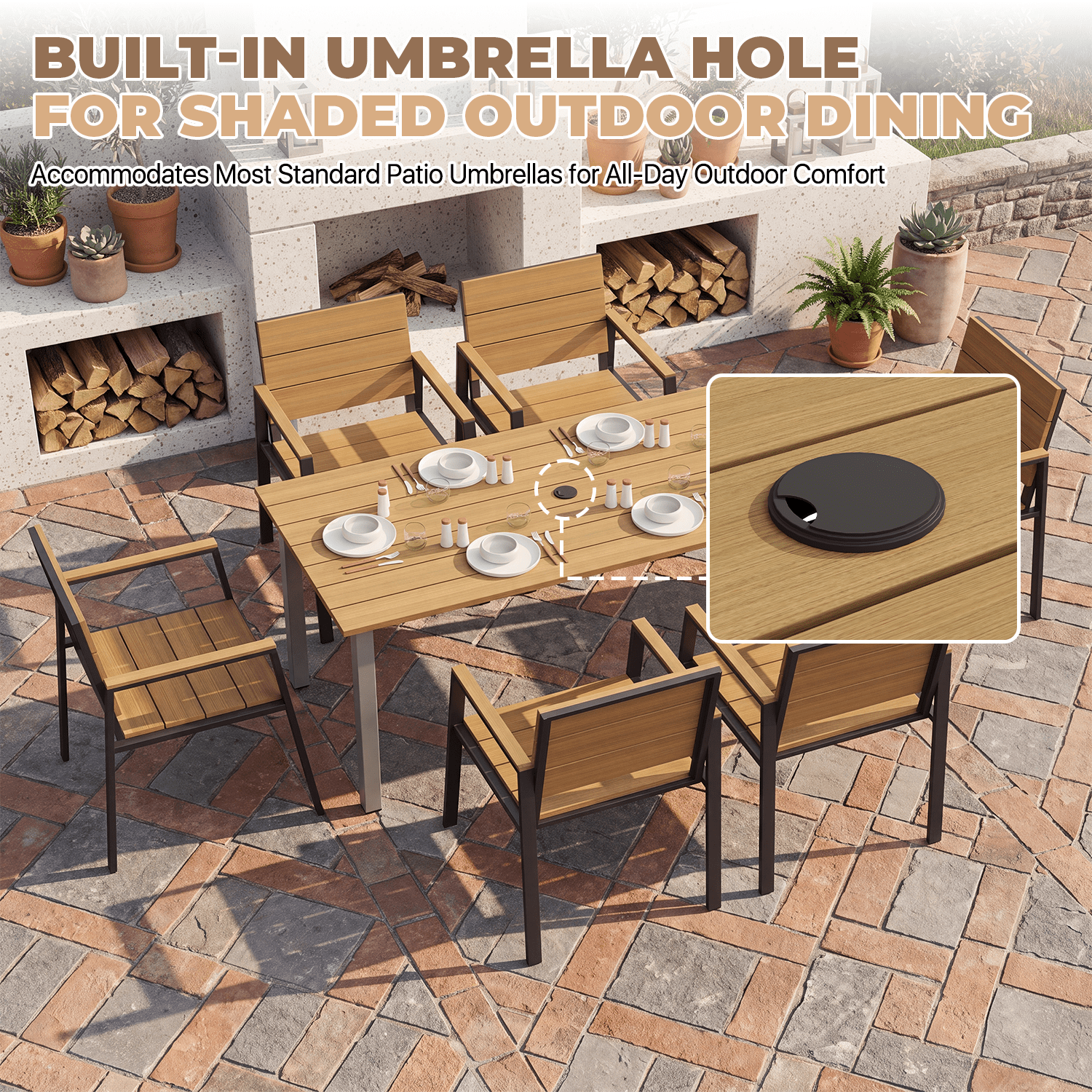 BaPiPro 7-Piece Outdoor Patio Dining Set for 6, Rust-Free HDPS Aluminum Patio Table and Chairs with Umbrella Hole, Heavy Duty All Weather Fade Resistant Maintenance Free Backyard Furniture, Yellow