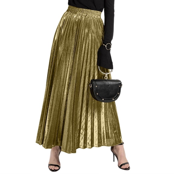 1pcs Women's High Waist Pleated Maxi Skirt Gold Beach Skirt Flowing Long A-Line Skirt Sparkly Pleated Skirt for Party Vacation