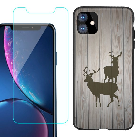 For Apple iPhone 11 Phone Case , Slim-Fit TPU Protective Case (Black), with Tempered Glass Screen Protector, by OneToughShield ® - Wood/Deer
