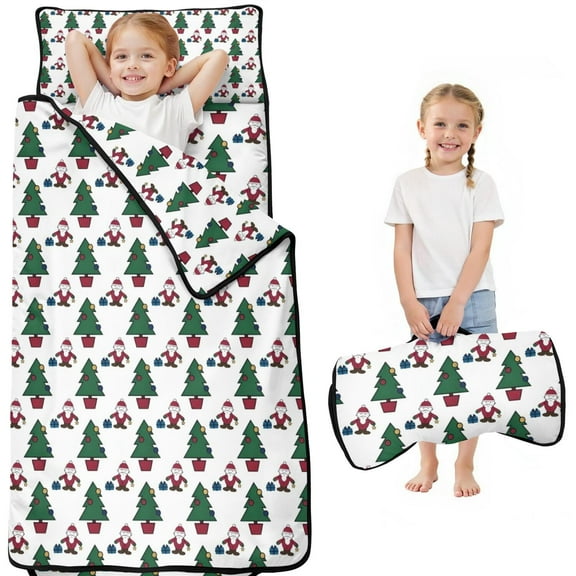 White Christmas Santa and Tree Pattern Toddler Nap Mats for Kids Preschool,50"x20" Sleeping Mat Bag or Kids,Toddler Sleeping Bag,Toddler Nap Mat or Daycare