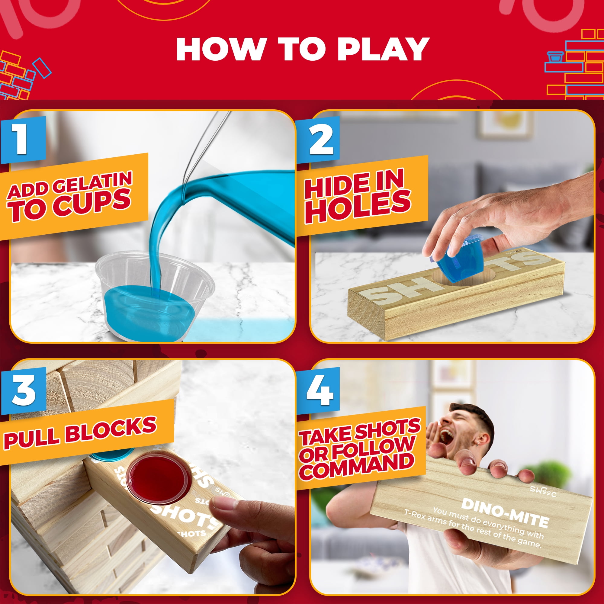 SWOOC Games - Giant Tower Party Game with Hidden Jello Shots - Includes Disposable Cups, Lids & Carrying Case - Stacks up to 5ft - Tipsy Topple Game For Adults - Giant Outdoor Games - Jumbo Bar Games