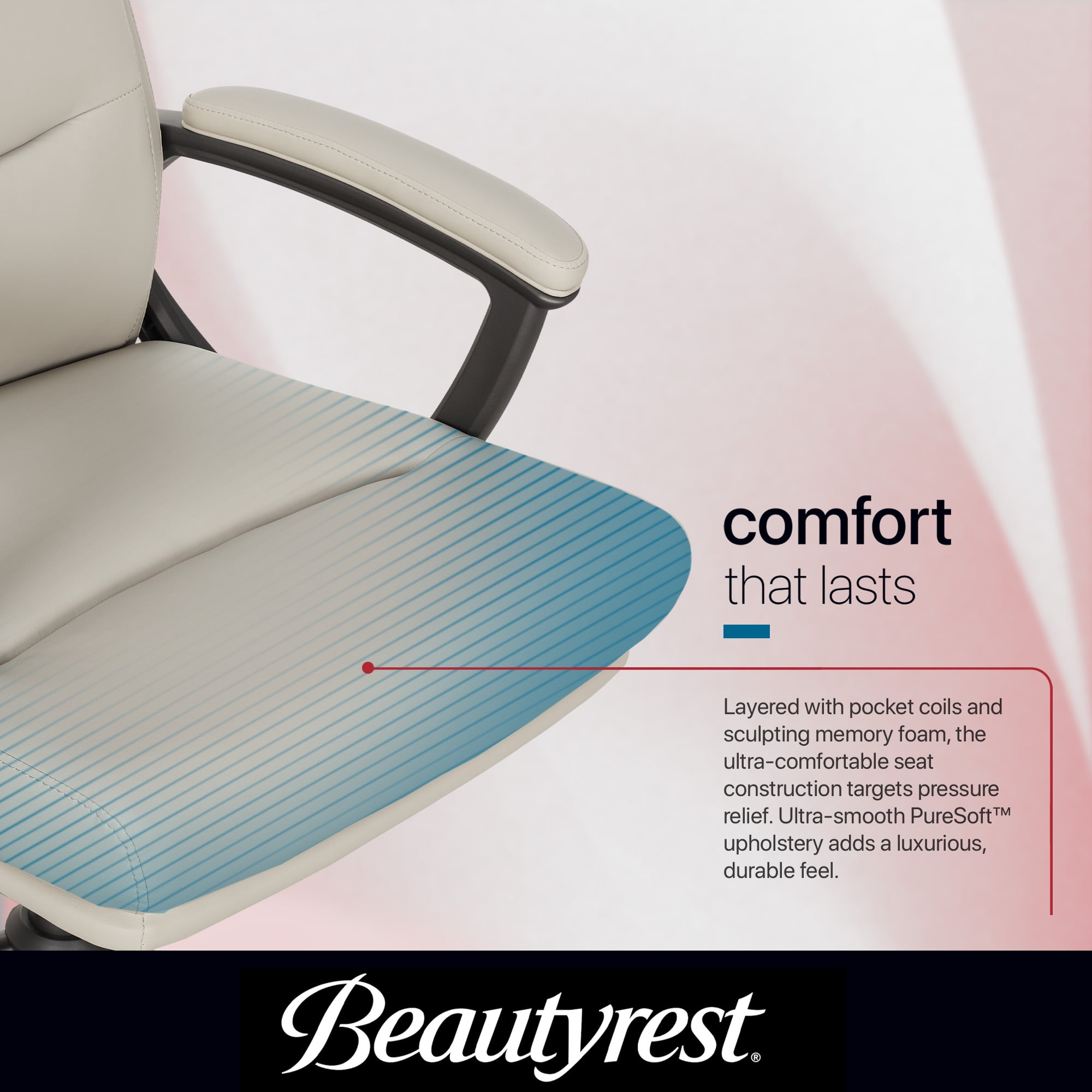 Beautyrest Amara Ergonomic Manager Office Chair with Padded Armrest for Teens and Adults, Ivory