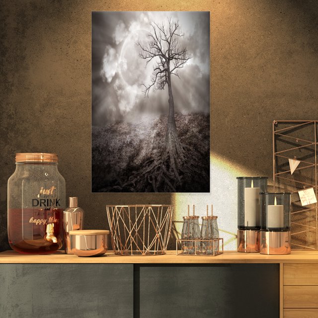 Arbre Solitaire Tenant la Lune - Grand Paysage Impression sur Toile