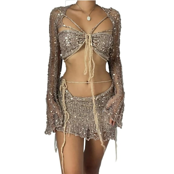 yievot Women Sequin Skirt And Top Set Y2k Lace Up Halter Mesh Long Sleeve Crop Top Short Crochet Skirt 2 Piece Outfits