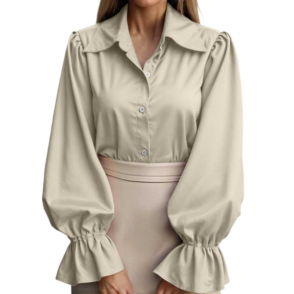 Tiweut Button Down Shirts for Women Elegant Satin Silk Long Puff Sleeve Lapel Solid Color Ladies Tops