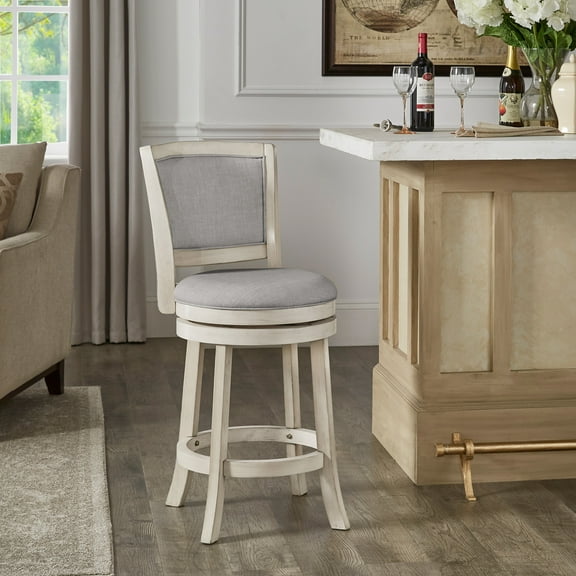 Weston Home Haas Upholstered Back Swivel Stool, 24" Counter Height, Antique White Finish, Gray Linen