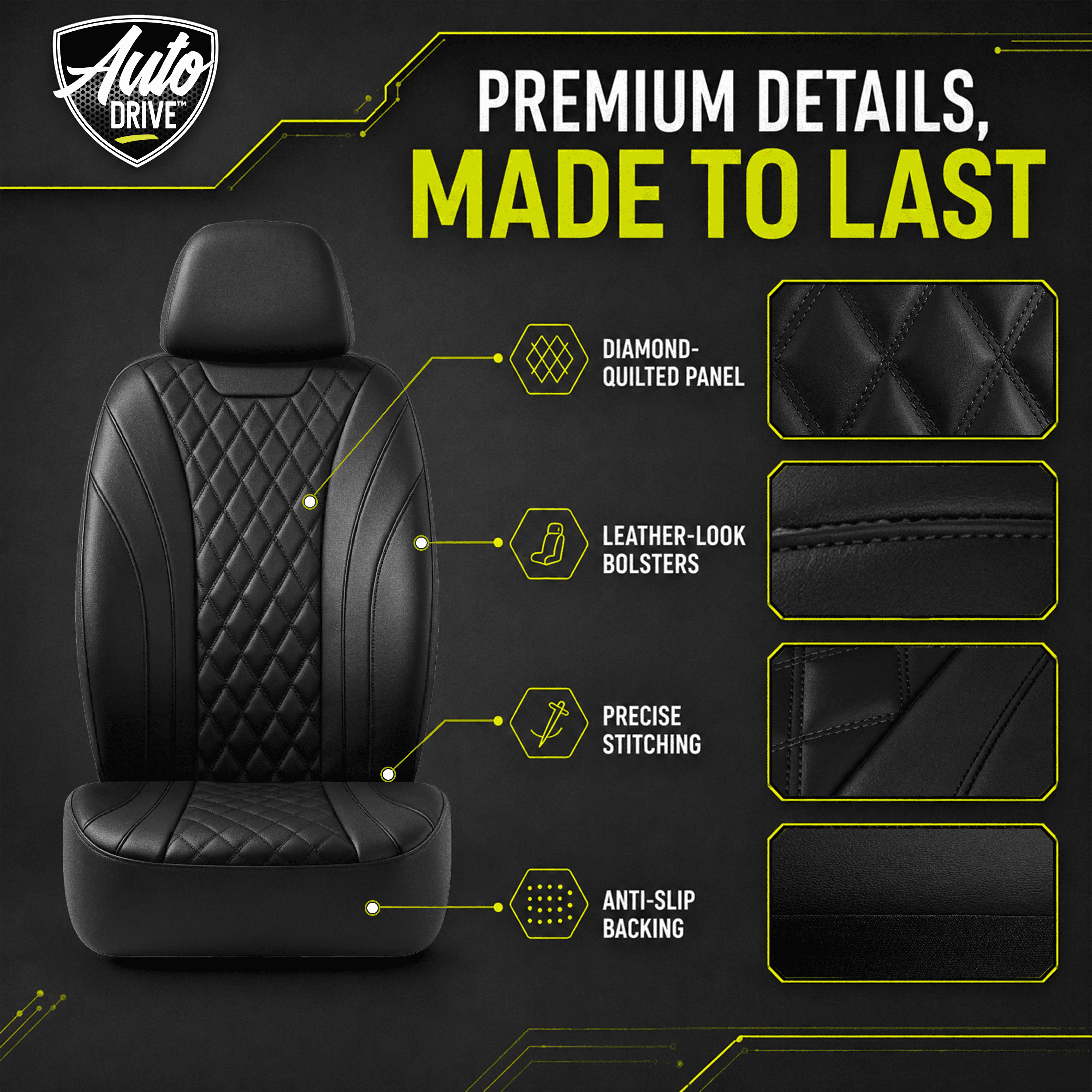 Auto Drive Car Seat Covers, Diamond Quilted Two-Tone Car Seat Covers Set, Universal Fit for Two Front Seats, Airbag Compatible for Cars, SUVs and Trucks BLack Front Seat
