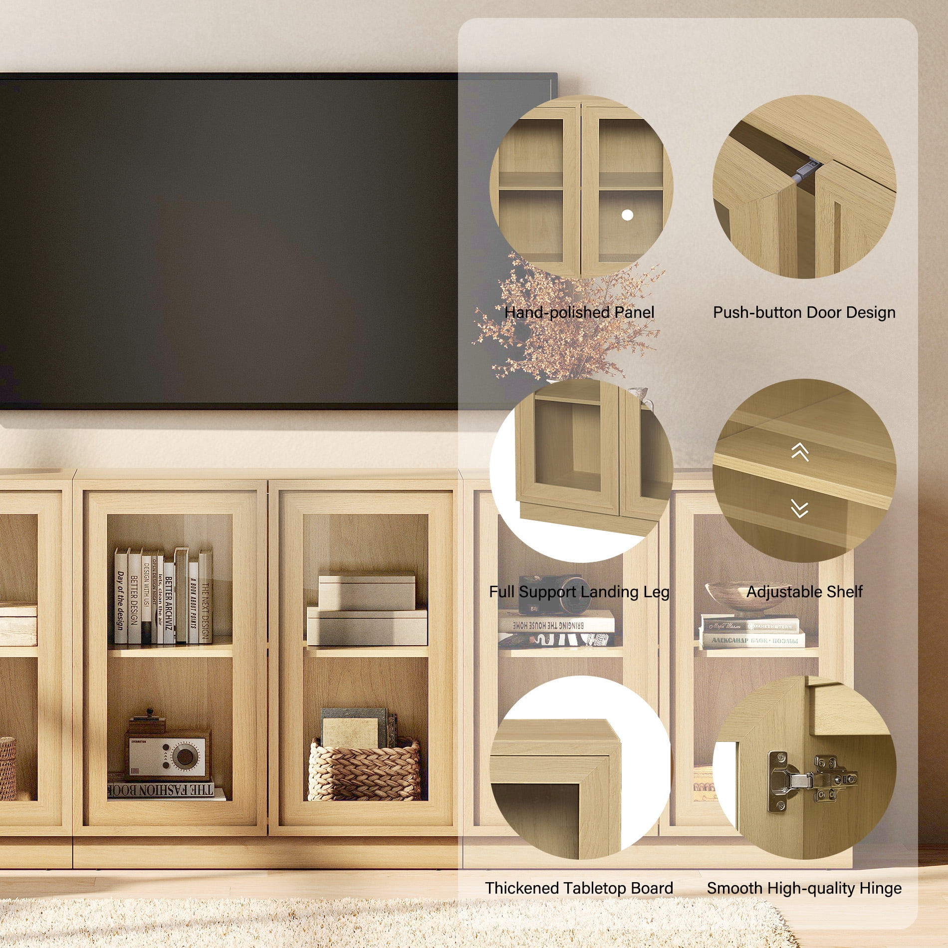 WAMPAT Modern TV Stand for TVs Up to 70", 2-in-1 Entertainment Center TV Console with 4 Glass Doors and Adjustable Shelf, Wooden Media Console Cabinet for Living Room, Bedroom, Oak