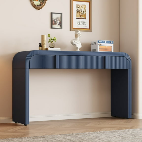 Smooth Surface Console Table, Unique Modern Rounded Silhouette Table Console with 2 Drawers, Tall Console Table for Living Room and Entryway, Navy Blue