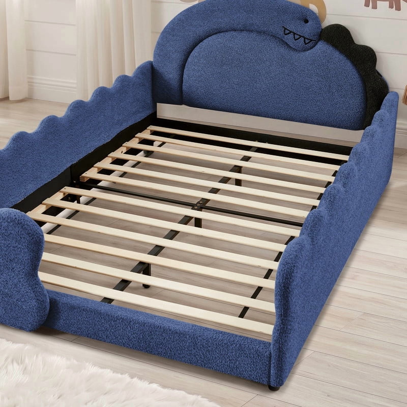 Full Size Kids Dinosaur-Shaped Platform Bed with Guardrails, Low-Profile Upholstered Boucle Fabric Playful Child Daybed Frame
