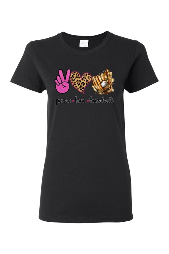 Peace Love Baseball Sports Womens Graphic T-Shirt, Black, Large