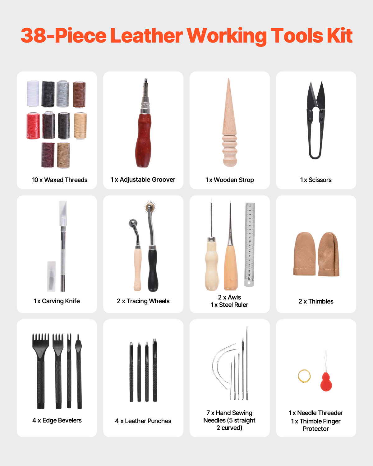 VEVOR Leather Working Tools Kit, 38 PCS Leather Craft Tools with Portable Canvas Storage Bag, Engraving Punching Sewing Stamping Cutting Tools, Ideal for Beginners DIY Enthusiasts and Professionals