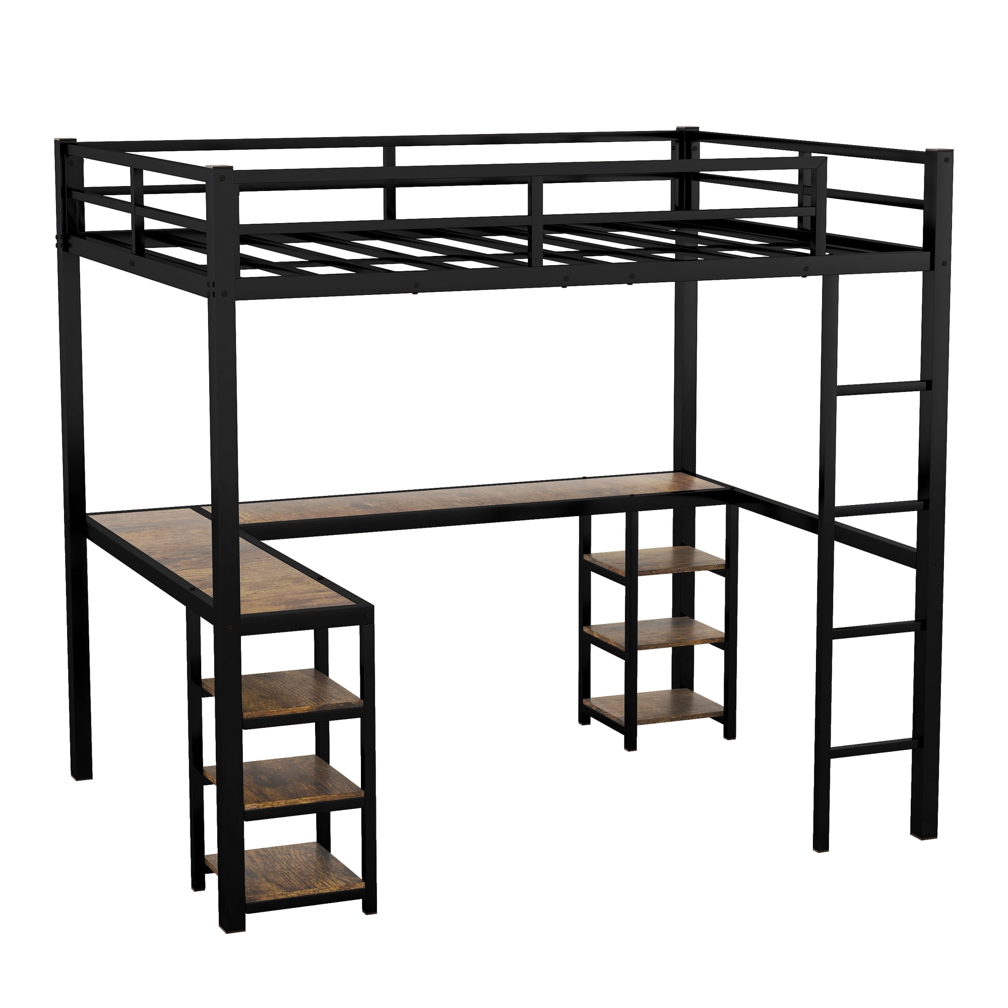 Mintazer Full XL Loft Bed with L-Shaped Desk & Storage Shelves, Metal Loft Bed Frame with Ladder and Guardrails for Bedroom, Black
