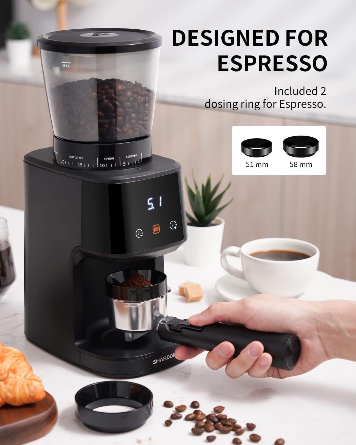 Minoto Electric Ceramic Conical Burr Coffee Grinder - 5 Adjustable Grind Settings - Whole Bean Mill for Aeropress, Drip Coffee, Espresso, French