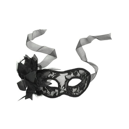 Venetian Costume Masquerade Party Mask w/ Feather & Flower in Sheer Lace, Black
