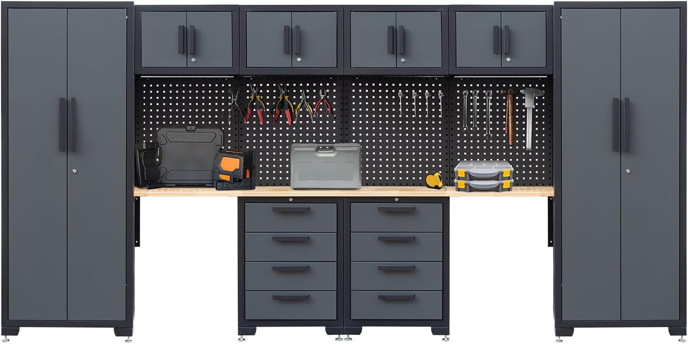 HPDMC Garage Storage Cabinet System - 2×7-Pc Heavy Duty Workshop Set w/ Steel Cabinets, 47.2" Workbenches, Drawers & Pegboard | Double Tool Organization System for Garage/Workshop
