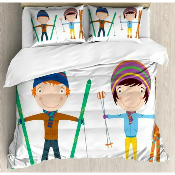 Kids Sports Queen Size Duvet Cover Set Funny Siblings Girl And Boy Kids Sports Queen Size Duvet Cover Set Funny Siblings Girl And Boy With Skis Winter Fun Hobby Activity Children Print Decorative 3 Piece Bedding