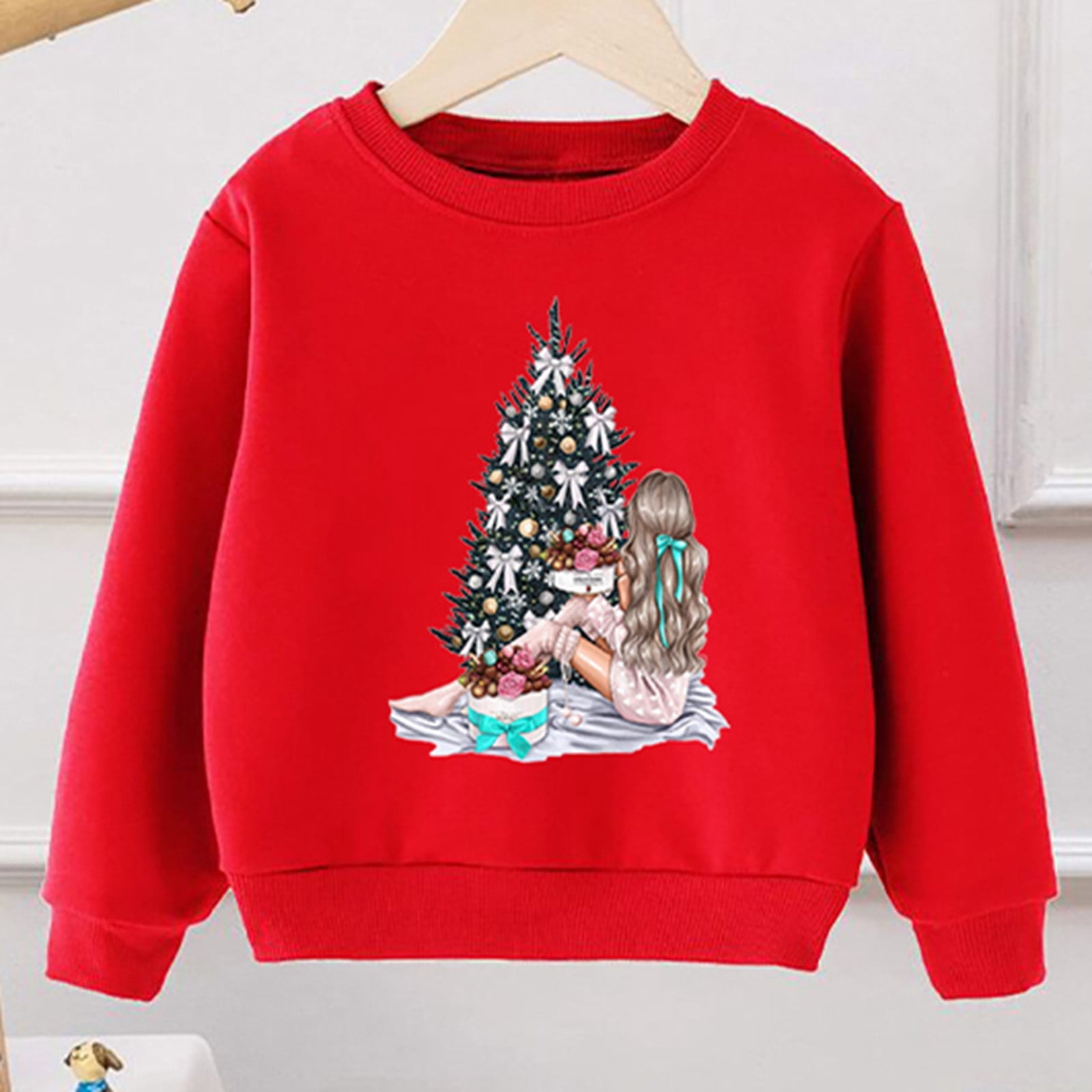 Cute Casual Hoodie for Girls Red Cartoon Christmas Tree Design