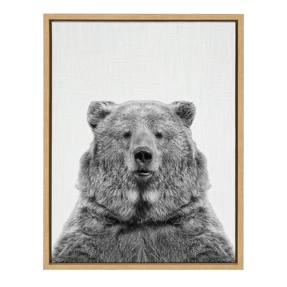 Kate and Laurel Sylvie Bear Animal Print Black and White Portrait Framed Canvas Wall Art by Simon Te Tai, 18x24 Natural