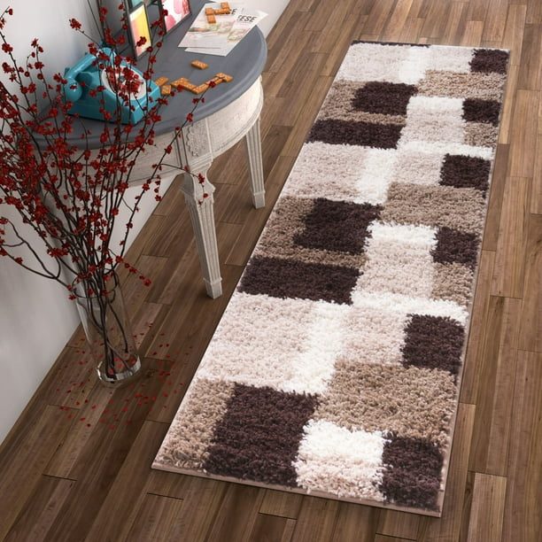Well Woven Madison Shag Cubes Beige Brown Runner Rug