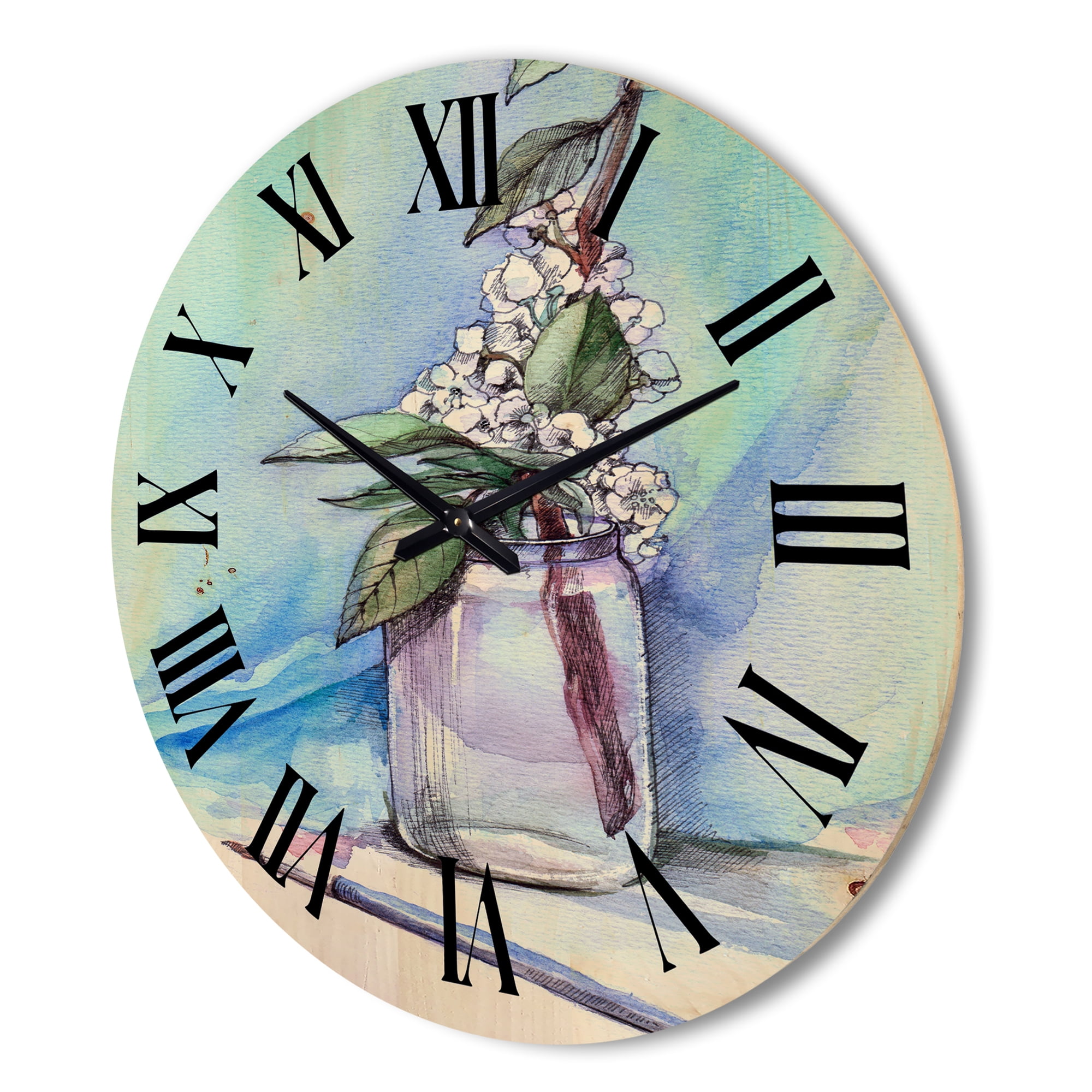 Designart 'Cherry Blossom Flowers In Glass Jar' Farmhouse Wood Wall Clock