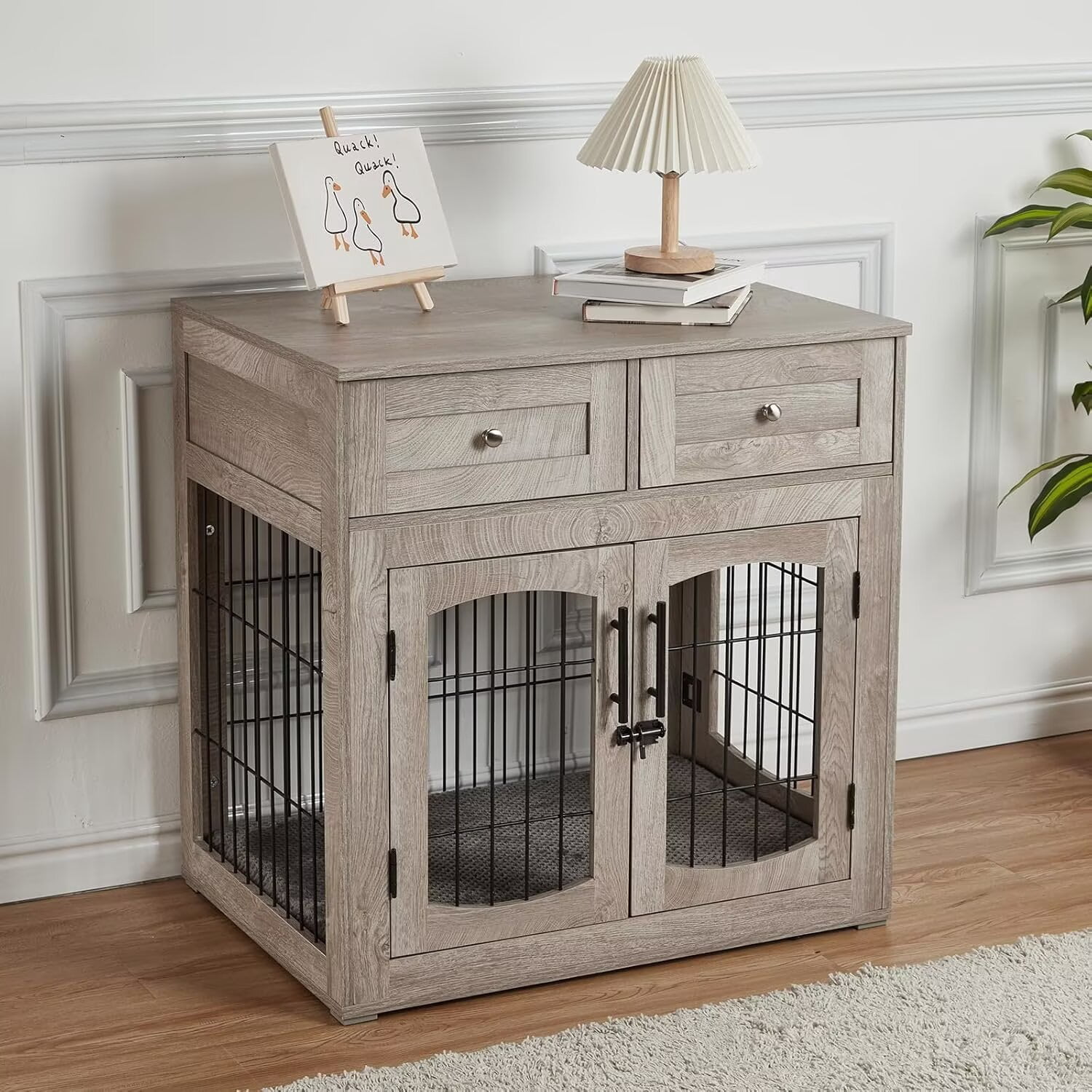Large Dog Crate Furniture, 39.4" Wood Dog Kennel with Double Doors, Heavy Duty Dog Cage End Table with 2 Drawers, for Medium/Large Dogs, Rustic Gray