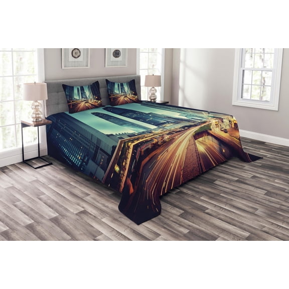 Ambesonne Modern Quilted Bedspread Set 3 Pcs, Traffic Hong Kong City, King Size, Seafoam Orange Yellow