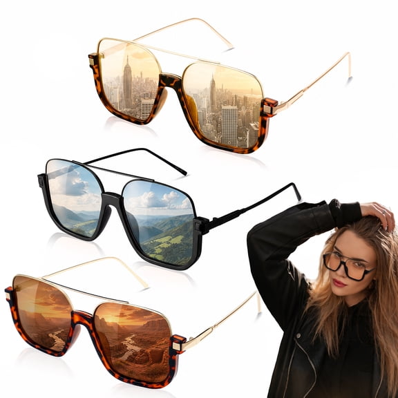 Bocaoying 3 Pcs Oversized Aviator Sunglasses for Women, Retro Semi Rimless Square Sun Shades with UV Protection, 70s Vintage Trendy & Cool Lightweight Glasses