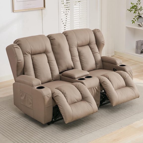 IPKIG Double Manual Recliner Loveseat with Storage Console, Side Pockets, Cup Holders, and Wingback Design for Living Room, Bedroom, or RVs in Khaki